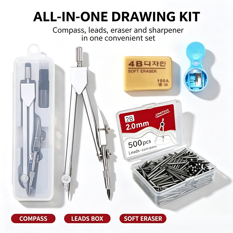 Compass Geometry Set - 금속 컴퍼스 세트, 교체용 리필 포함,
